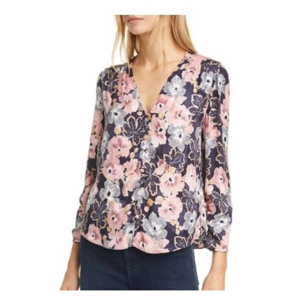 Rebecca Taylor Women's Blouse Jardin Floral Button Front Indigo Silk Blend 4